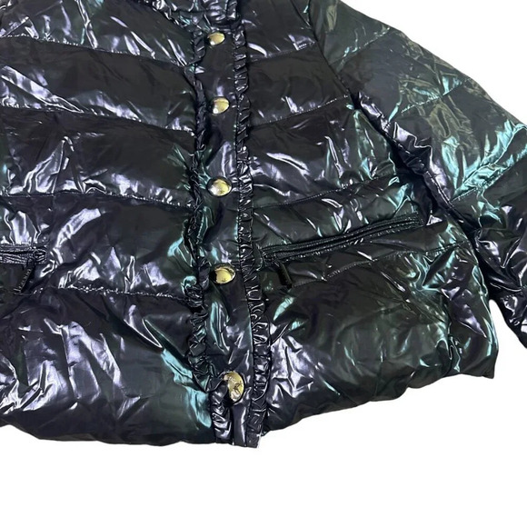 Duvetica Black Patent Real Down Coat Jacket Snap-Down Ruffle Rare Size Small 38 - Picture 4 of 16